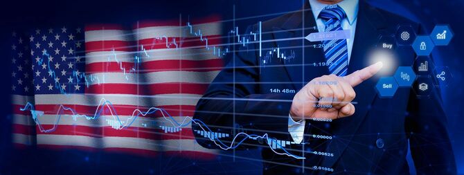 アメリカ国旗と株価チャート