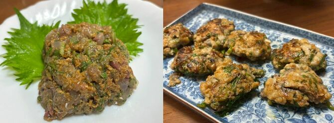 写真左＝アジのなめろう。ドカッと盛ってしまったが、上下左右を包丁で押し整えて直方体にすると見栄えが良くなる（従妹撮影）／写真右＝アジの山家焼き。熱を加えると味が変わることがよくわかる。焦げ目が香ばしい（従妹撮影）