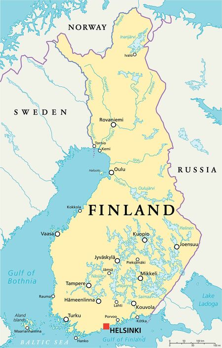 フィンランドの地図。東側国境をロシアと接する