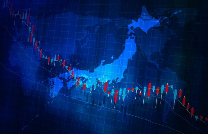 日本地図と株価下落のチャート