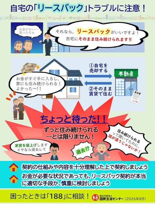 国民生活センター「自宅の『リースバック』トラブルにご注意！」