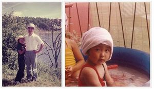 （左）大好きな父と。幼いころの写真はあまり残っていない。写真を撮ることも少なく、アルバムを整理する人もいなかったからだ。（右）幼稚園のプールで遊ぶ。
