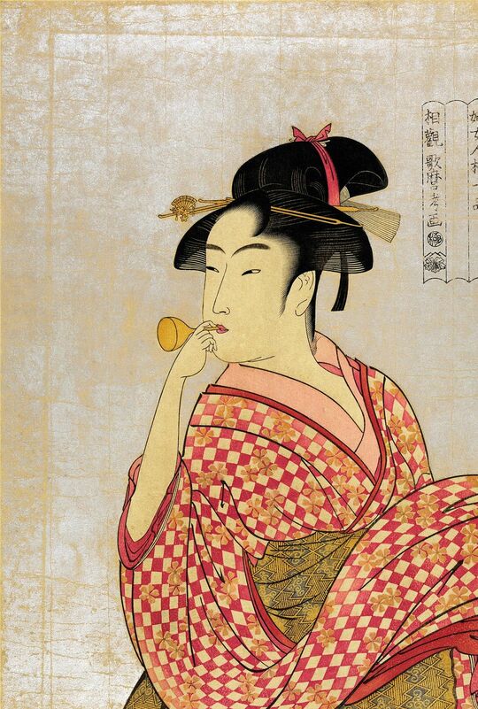 喜多川歌麿筆「婦女人相十品・ポッピンを吹く女」