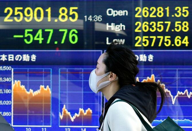2022年2月24日、東京でマーケットボードの前を歩く人。日経平均株価は478.79ポイント（1.81％）下落し、2020年11月以来の安値となる2万5970円82銭で取引を終えた。