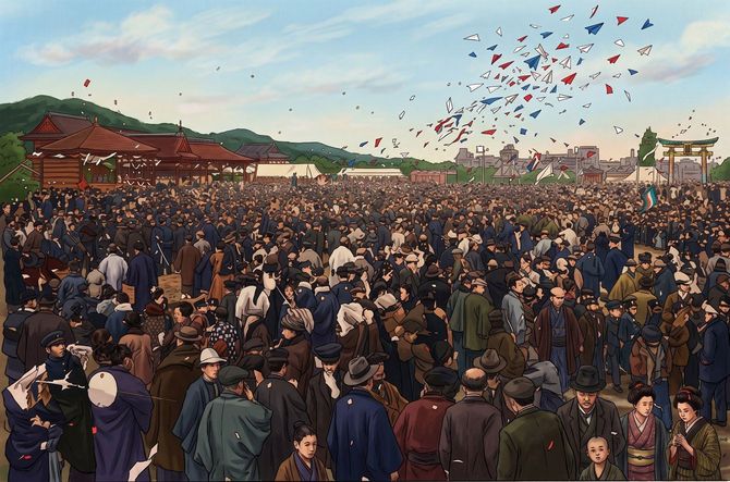 日比谷公園で行われた日露戦争戦勝の集会の様子