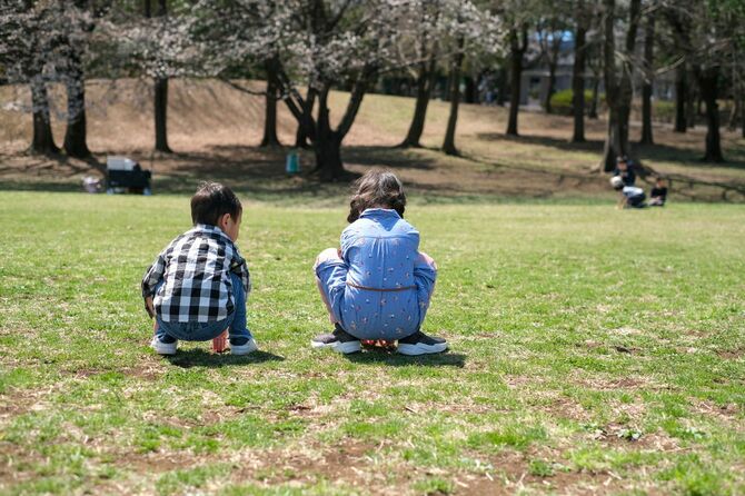公園の芝生の上に座って話す2人の兄妹