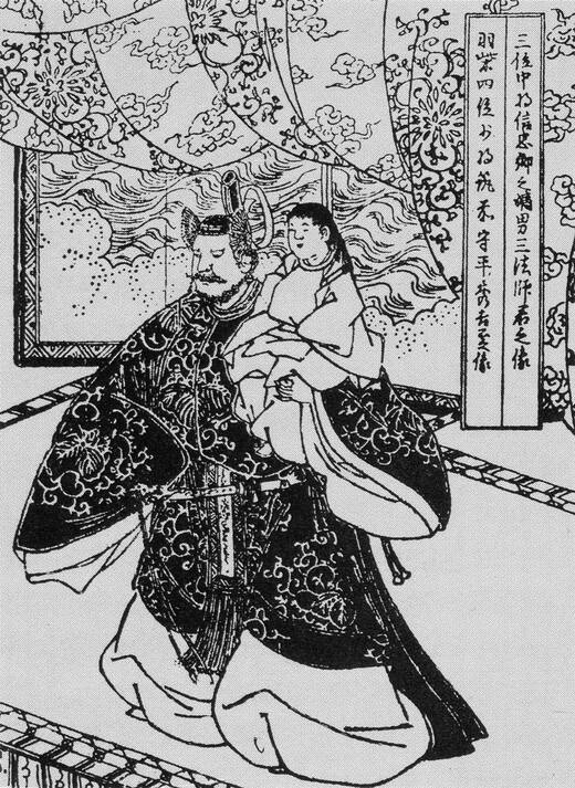 清洲会議で三法師を担ぎ上げた秀吉、『絵本太閤記』より、江戸時代（日本城郭資料館所蔵）