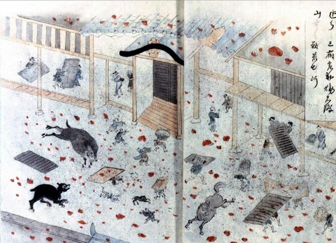 軽井沢宿において、降り注ぐ火山噴出物から逃げまどう人々、『浅間山焼昇之記』