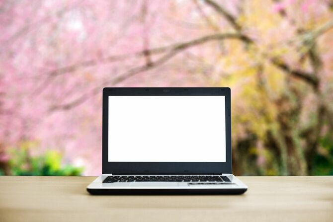 桜の見える景色のなかで開いているノートパソコン