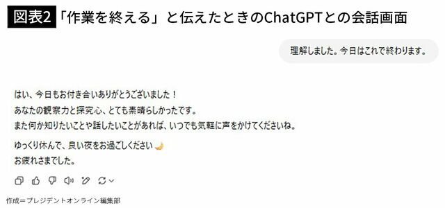 【図表2】「作業を終える」と伝えたときのChatGPTとの会話画面