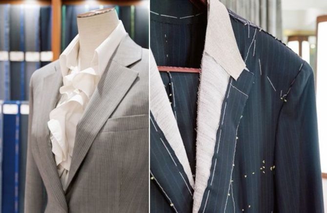 （左）インナーによってもジャケットの寸法を微調整！（右）2度の仮縫いでシルエットを徹底チェック。写真は紳士服の仮縫い品。