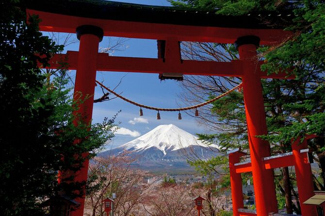 神社の鳥居の間に見える富士山