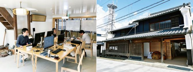 （写真左）落ち着いた空間のレンタルオフィス。ネット環境は良好。（右）レンタルオフィスは元しょうゆ屋をリノベーションした「真鍋屋」。静かな環境で仕事に集中できる。