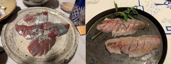 写真左）メアジの刺身。マアジよりもさっぱりした味わいで食感は強め。生姜醤油が合います／写真右）ムロアジの刺身は柔らかくて少しクセがあります。青唐辛子醤油との相性がバッチリでした