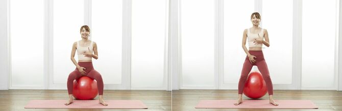 ［基本動作のポイント③］写真（右／左）を参考に、恥骨からみぞおちの間にある「腹直筋」というお腹の筋肉にグッと力を入れることを意識して跳びましょう