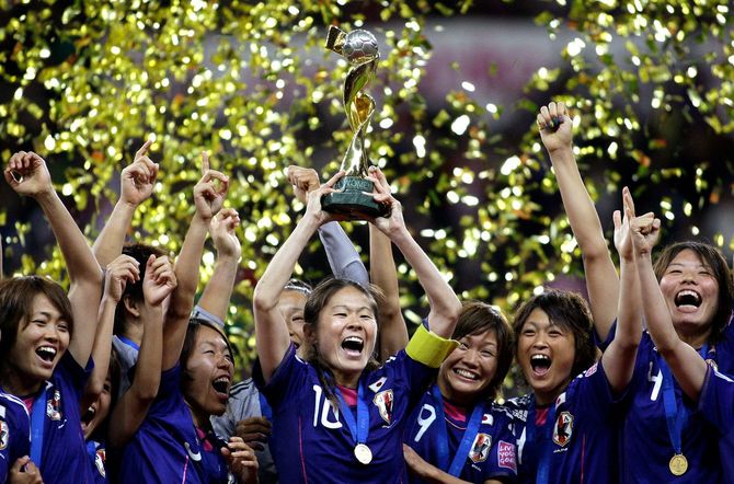 2011のドイツワールドカップで優勝したなでしこジャパン。2011年7月17日、ドイツ・フランクフルト
