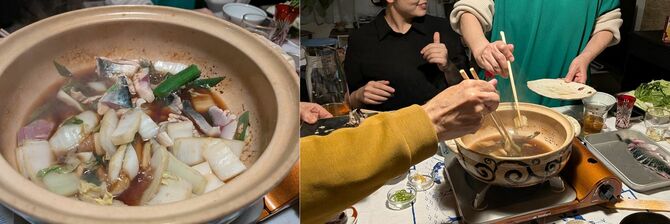 写真左）サバすきの途中風景。サバだけではなく、野菜をたくさん入れて初めて美味しくなる料理だと実感しました（筆者撮影）／写真右）サバと野菜からダシが出て割下の味が良くなってからは食事のペースが上がりました（筆者友人撮影）