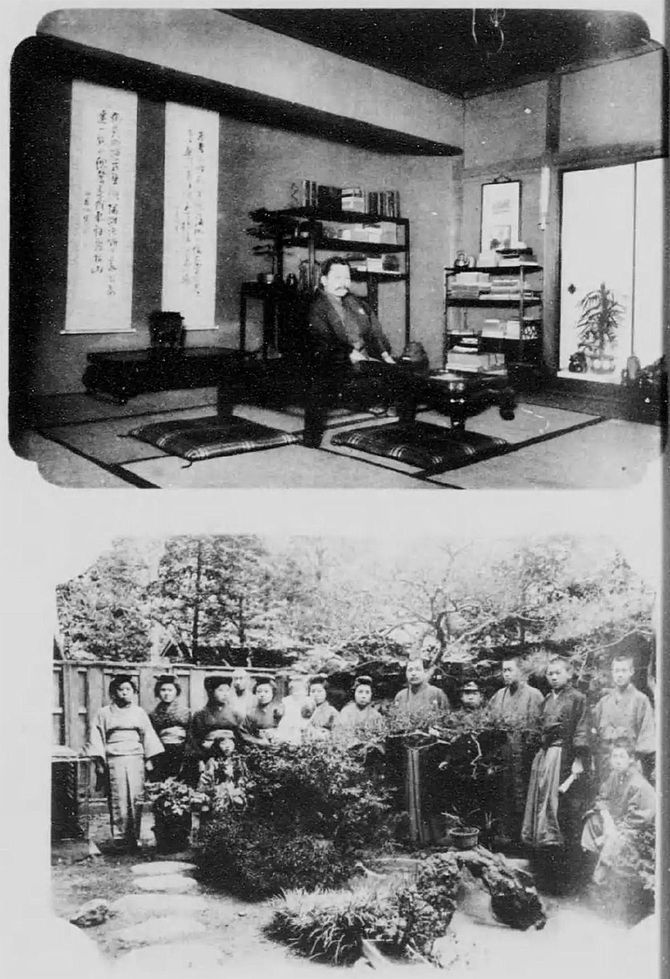 路子の父・田中頼璋（上）、自宅の庭での家族集合写真、路子は左から3人目手間の少女か、井上徳三編『現代画伯大家集』（東京美術奨励会）、1914年（大正3）、国立国会図書館デジタルコレクション