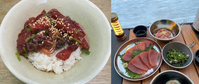 写真左＝こんなに旨いならば全部ヅケでもいい、と思うほど満足感が高かった漬け丼。半分残してお茶漬けにした。写真右＝キハダマグロを分けた仲間のソロキャンプの様子。「刺身はもちろん、ネギ皮ポン酢が日本酒に合い過ぎます！」と興奮気味に報告してくれた