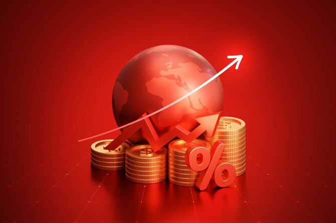真っ赤な背景と世界株式金融のイメージ