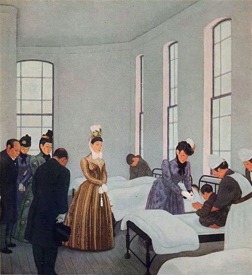 聖徳記念絵画館壁画『東京慈恵院行啓』（満谷国四郎画）、1887年（明治20年）5月9日、東京慈恵院を訪問した洋装の皇后（中央）