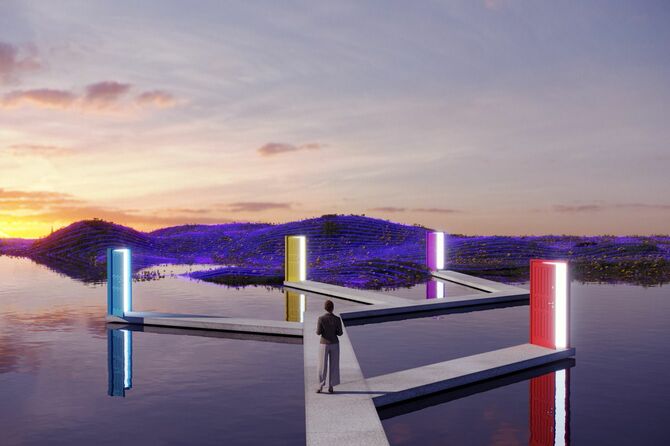 枝分かれした道の先にあるカラフルな柱