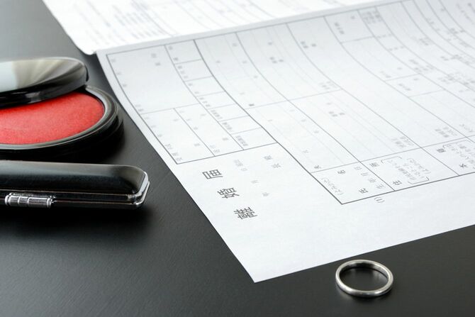 机に置かれた離婚届と印鑑、結婚指輪