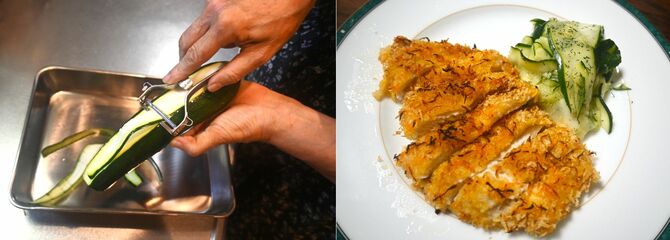 ズッキーニをスライスする（左）。「チキンカツ」に初めてつくれた憧れのリボンサラダを添えて（右）