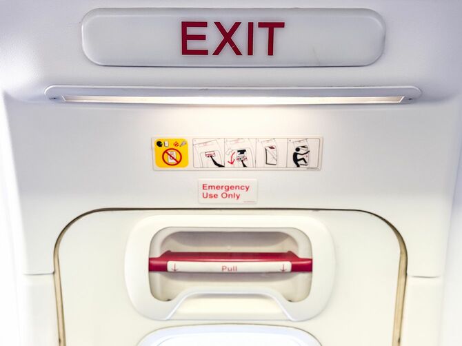 航空機の非常口ドアハンドルと標識