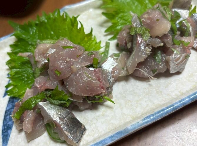 アジのたたき。さばきが下手でボロボロになった刺身もたたきにすれば見た目も問題ない