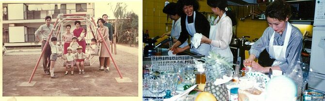 左：1970年頃。社宅で料理教室をはじめた頃（後列左から2番目が村上さん：中野坂上の社宅敷地にて）。右:三田のスタジオでの料理講習（写真右端が村上さん）