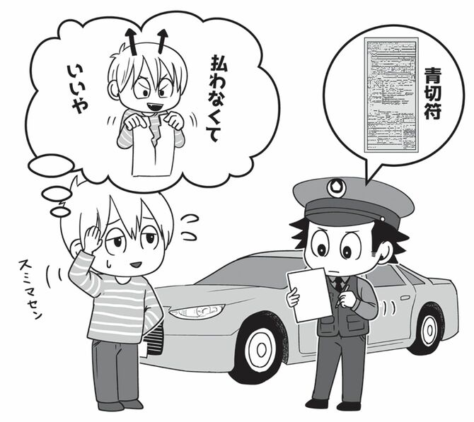 交通違反の青切符を切られながら「払わなくていいや」と考える人のイラスト