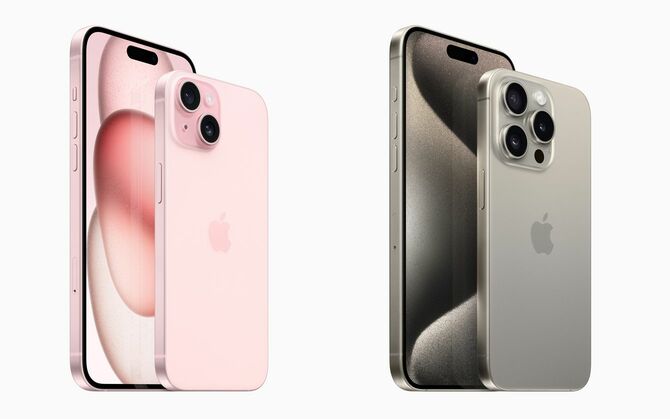 （左）iPhone15、（右）iPhone15 Pro（出典＝Apple公式サイト）