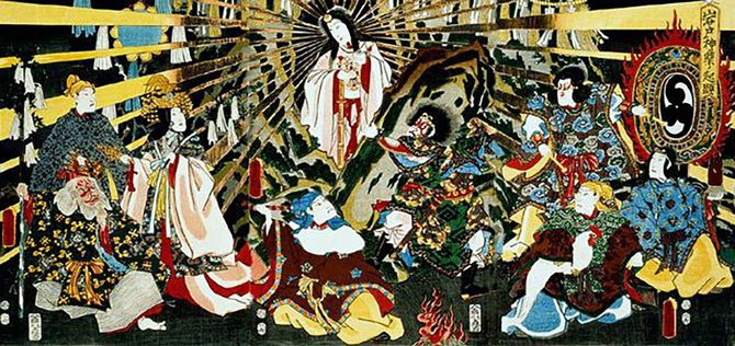 天照大神が描かれた神話の浮世絵「岩戸神楽ノ起顕」、1857（安政4）年、歌川国貞・画