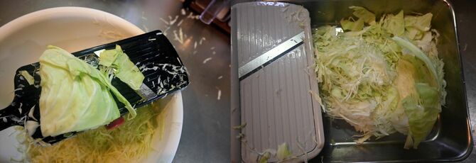 下村工業製を使用したキャベツの千切り（左）と京セラ製を使用したキャベツの千切り（右）