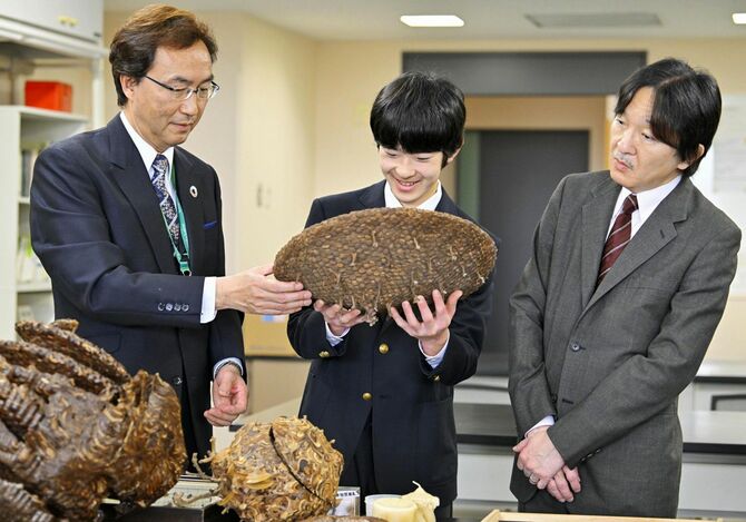 玉川大農学部の昆虫を研究する施設を視察される秋篠宮さまと悠仁さま＝2024年4月6日午前、東京都町田市（代表撮影）