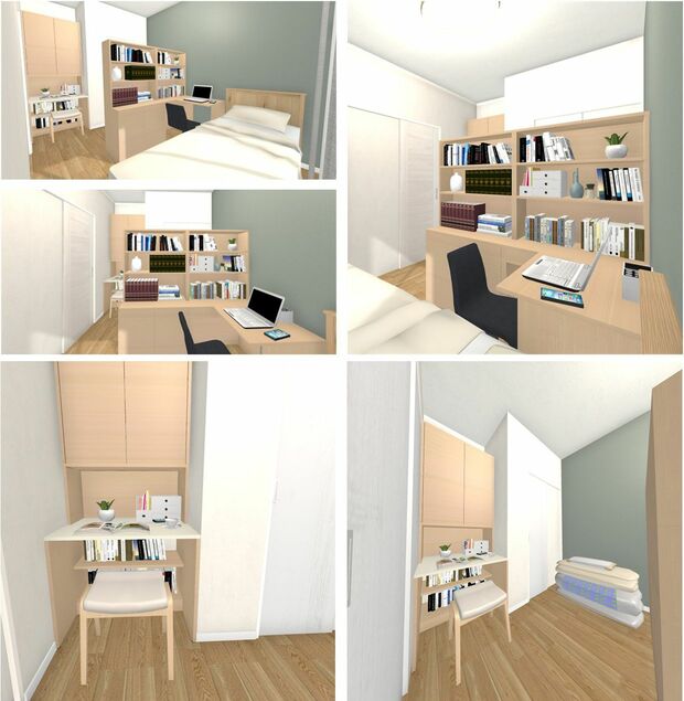 リフォーム後の旧・夫の個室の様子。間仕切り収納型書棚を設置し、2人分それぞれの個別スペースを作った