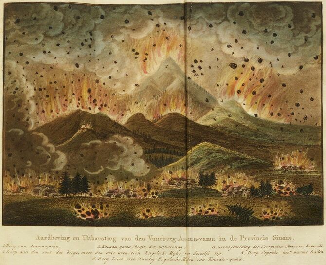天明浅間山噴火を描いた絵図は、オランダ商館長によって『将軍列伝』（1820）の挿絵としてヨーロッパにも紹介された