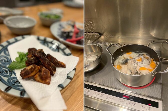 左）黒に近い焦げ茶色に仕上がってしまった棒タツタ揚げ、右）たっぷり作れた三平汁