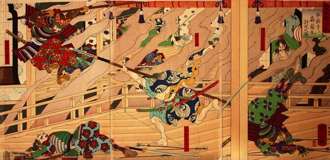 右田年英画、本能寺で討ち死にする森蘭丸の錦絵、明治19（1886）年